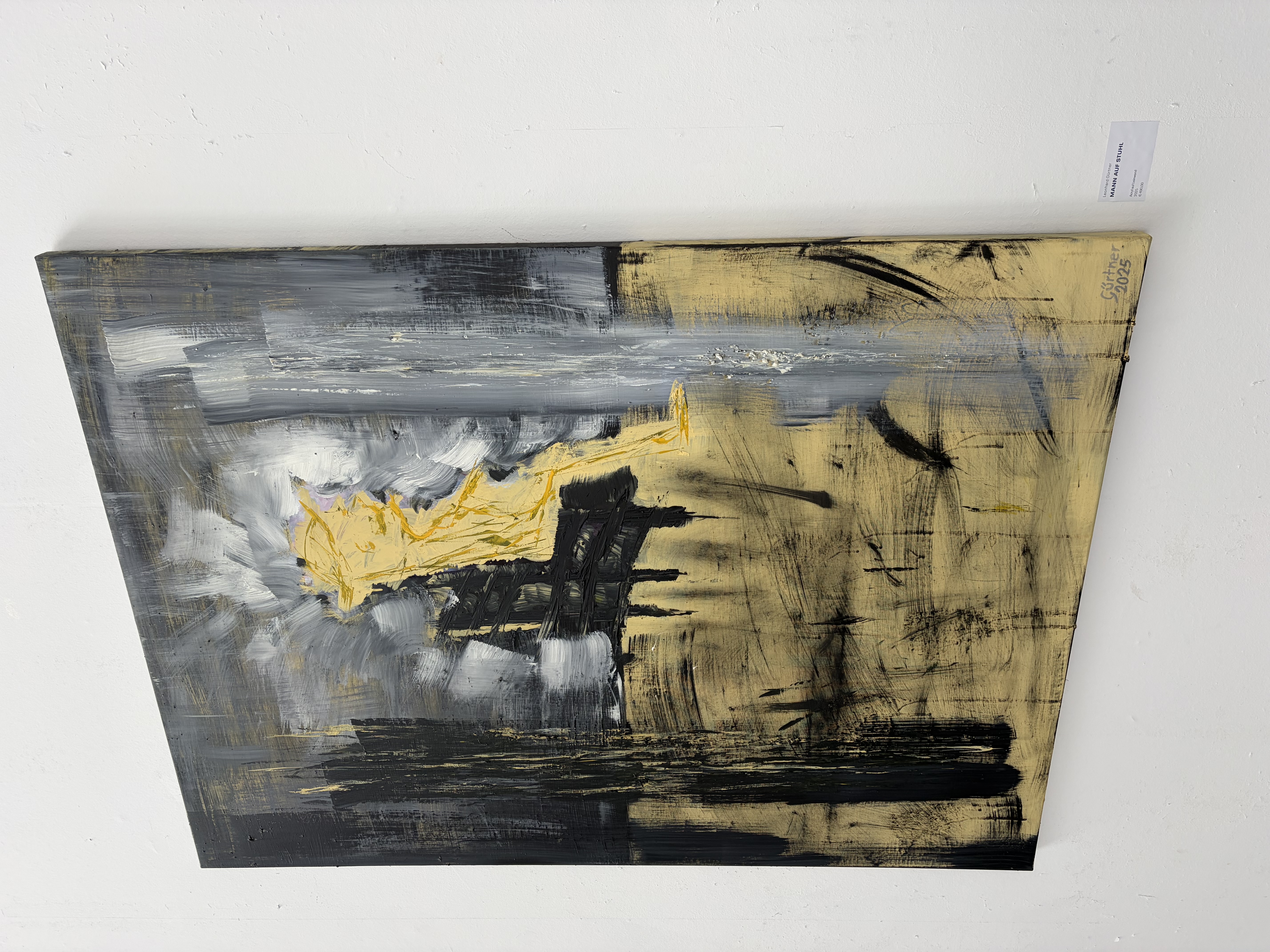 Mann auf Stuhl (2026) — Acryl auf Leinwand, 100x140cm. Originalgemälde von Leonhard Gürtner, zeitgenössischer Künstler aus Pfaffenhofen.